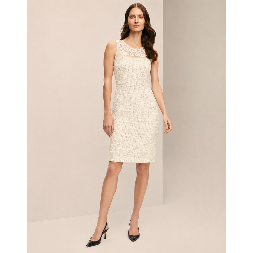Brooks Brothers Womens Cream Metallic Tweed Embroidered Silk Yoke Dress 10 Ivory
